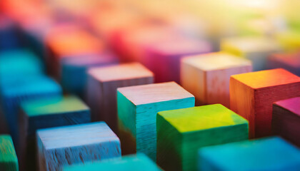 Colorful background of wooden blocks. A Spectrum of multi colored wooden blocks aligned on digital art concept, Generative AI.