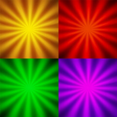 Yellow, red, green and violet abstract backgrounds with rays of light from center. Illustration created using gradient meshes