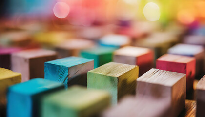 Colorful background of wooden blocks. A Spectrum of multi colored wooden blocks aligned on digital art concept, Generative AI. - obrazy, fototapety, plakaty
