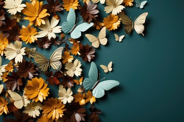 Colorful butterflies on green background. Top view. spring pattern nature background.