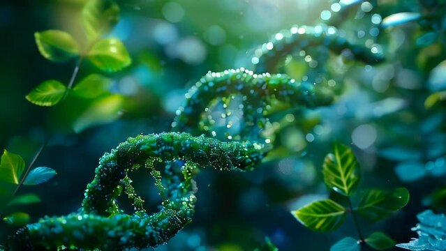 Abstract green eco natural technology dna with rain drops and plants. Macro. Futuristic background with glowing particles