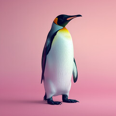 Obraz premium A digital illustration of a king penguin standing against a pink background.