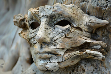Craft a mask composed of natural driftwood, reflecting simplicity and a connection to the earth