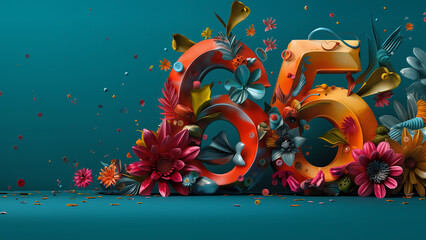 Zahl 65 in Regenbogenfarben für Geburtstag und Druckvorlage für Postkarten