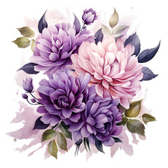 Illustration Bouquet of purple flowers, watercolor purple floral, rose, peony, dahlia, Isolated on transparent background. Generative AI