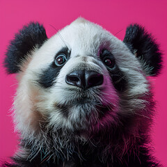 Close-up of a giant panda's face with a vivid pink background, showcasing its distinctive black and...