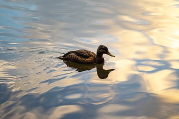 Mallard duck swimming on majestic reflecting blue pond on a summer day © Wirestock