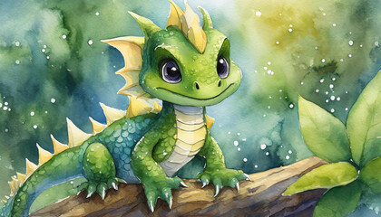 Obraz premium Watercolor illustration of cute green dragon with wings in nature. Adorable fantasy animal.