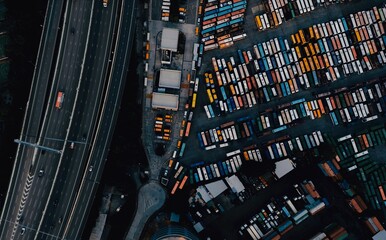 Aerial view of a bus parking lot next to the trunk road in Hong Kong