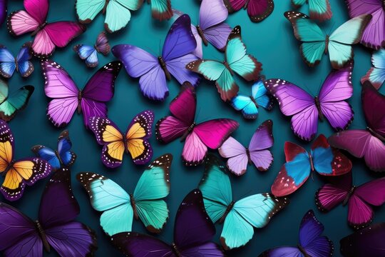 Colorful butterflies on blue background. Top view. spring pattern nature background. - Powered by Adobe