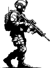 simple stencil vector drawing of a soldier with a machine gun
