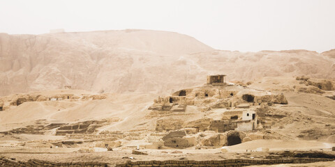 Old-style abandoned houses in the middle of a deserted landscape, Hatshepsut Egypt