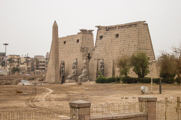 Exterior of an old, historical building and a tower, Egypt