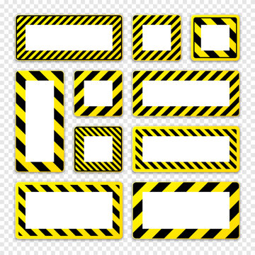 Various blank warning signs with diagonal lines. Red attention, danger or caution sign, construction site signage. Realistic notice signboard, warning banner, road shield. Vector illustration