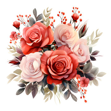 Watercolor floral bouquet composition with red roses, png transparent background, generative ai