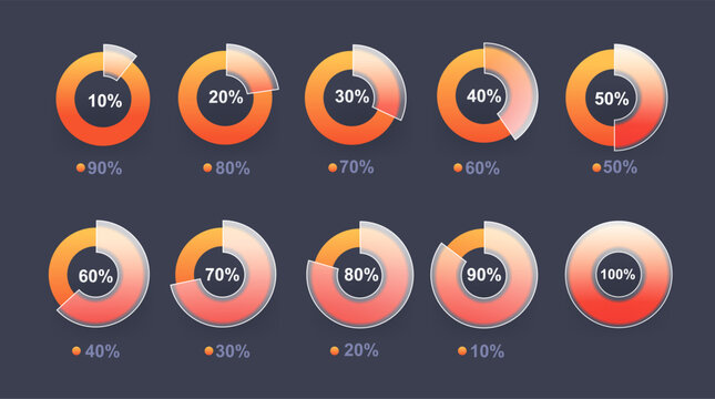 Glass morphism round diagram set on dark background. Business pie chart collection