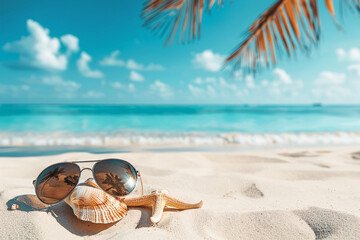 sunglass with starfish and shells on the sandy beach, coconut palm leaf and blur seashore with ripple white wave foam at background with copy space, no people. summer background