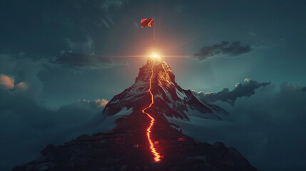 Glowing path leading to success concept with flag on peak of mountain 