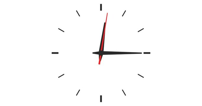 One hour clock rotation, 60 minutes time period, 1 hour clock hands rotation animation, time passing by, transparent background