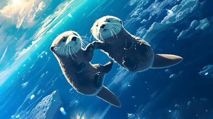 Adorable Sea Otters Drifting in Zero Gravity Surreal Underwater Landscape - obrazy, fototapety, plakaty