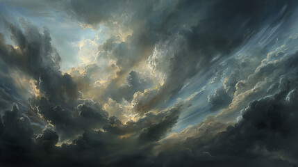 Dark Renaissance Painting: Stormy Cloud Sky Scene
