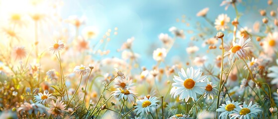  "Beautiful Sun-Drenched Spring Summer Meadow: Natural Colorful Panoramic Landscape with Many Wild Flowers of Daisies Against Blue Sky - A Frame with Soft Selective Focus"