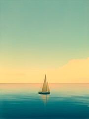 Fototapeta premium Ethereal Sailboat Adrift in Twilight Waters A Vintage Poster Inspired Landscape of Peaceful Solitude