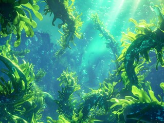 Fototapeta na wymiar Ethereal Underwater Neon Forest Revealed by Receding Tides Glowing in Eerie Green Light