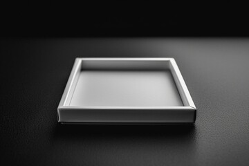Geometric black and white composition. White matte luma box with soft, rounded corners sits against a stark black backdrop.