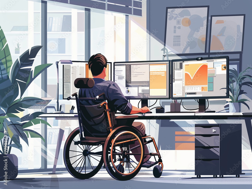 Poster software developer in a wheelchair working at a multi-monitor computer setup in a bright, modern off