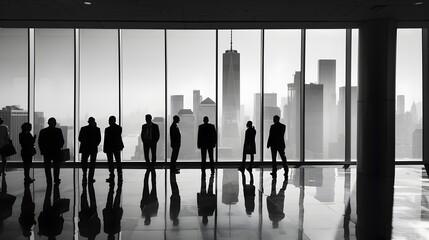 Corporate Leaders Silhouetted Against Iconic City Skyline in High-Rise Office Setting,Embodying Oversight and Strategic Direction