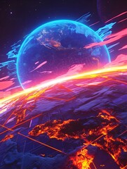 Fototapeta premium Retro Synthwave Earth Vivid Heat Map of Warming Planet from Space