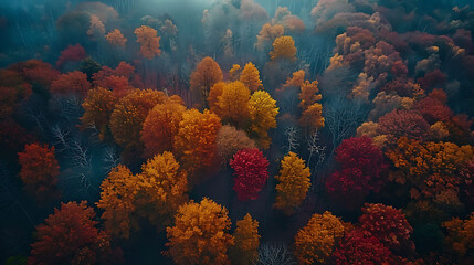 An aerial view of a colorful autumn forest canopy stretching to the horizon