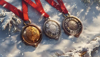 Fotobehang A gold, silver and bronze medallion with red ribbons lying on top of snow © Mathias