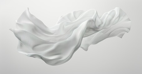 A floating surreal white smooth woven fabric, Texture: Transparent feeling, White background, 3D
