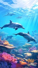 Vibrant Dolphin Pod Exploring Lush Coral Reef in Pristine Underwater Seascape