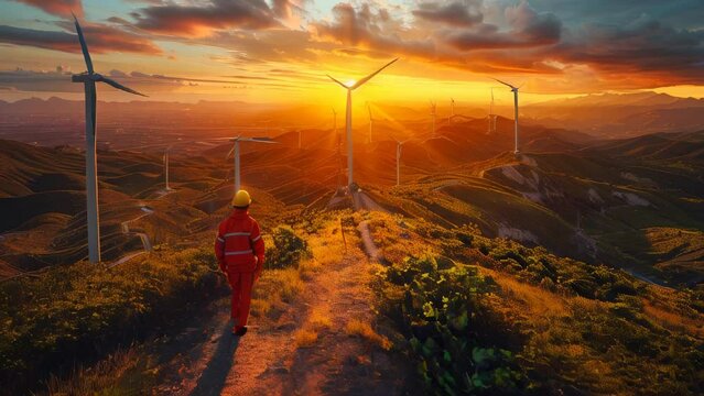 Engineer with helmet and hardhat standing on top of wind turbines farm at sunset