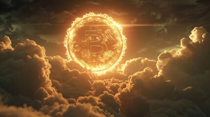 Bitcoin halo above an angel's head, low-angle, divine light piercing clouds, serene