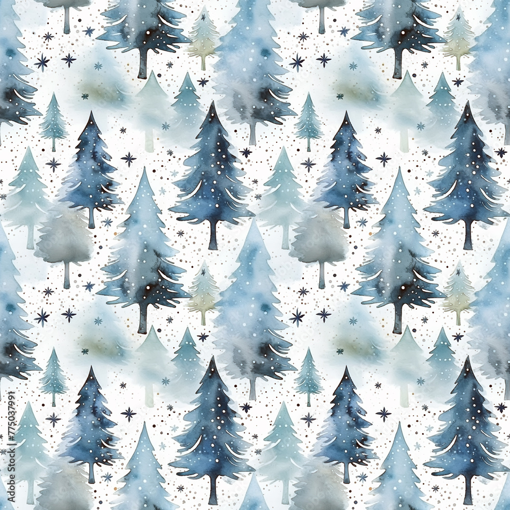 Wall mural Watercolor seamless pattern with snowy pines and soft snowflakes.  - Wall murals