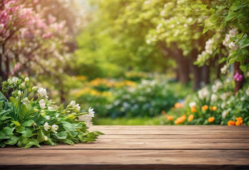 Empty wooden table for product display montages with spring flowers in the garden