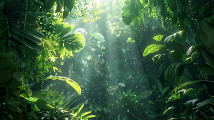 Tropical rainforest canopy  green foliage, vines, light play, realistic textures in bokeh