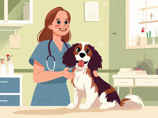 veterinarian in blue overalls caring for a Cavalier King Charles Spaniel in a veterinary clinic 