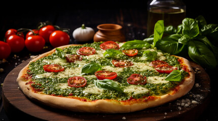 Traditional italian pizza Margarita with green basil pesto sauce 