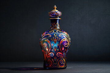 Craft an AI representation of a single, opulent glass bottle, embellished with intricate designs and bathed in radiant, jewel-toned colors, contrasting beautifully against a midnight black background - Powered by Adobe