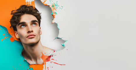 Handsome young man emerges from splashes of orange and teal paint, looking up through isolated paint streaks against light grey background.