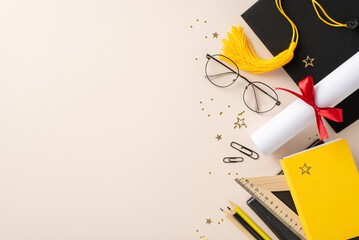 Rejoice in academic triumphs with top view flat lay vertical image of graduation cap, diploma, learning essentials, and vibrant confetti on pastel background, offering space for your personalized ads