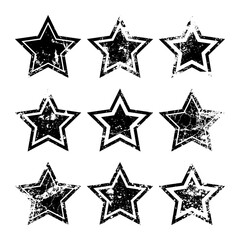 Obraz premium Vintage stars with cracks and stains. Old hand-drawn sign, black simple shape. Retro design element with distressed effect, grunge texture. Vector illustration