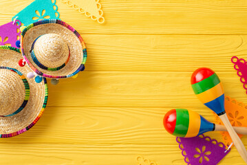 Vibrant top view setup for Cinco de Mayo with sombreros and maracas. Flag garland on a yellow wooden desk. Ample space for text
