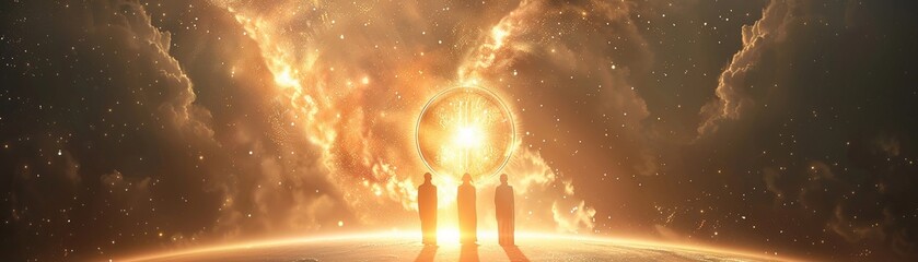 Heavenly figures trading Bitcoins, medium shot, celestial light, harmonious exchange - obrazy, fototapety, plakaty