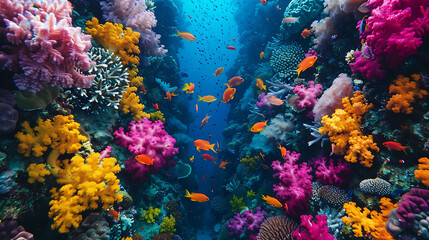 An aerial view of a colorful coral reef bustling with - obrazy, fototapety, plakaty